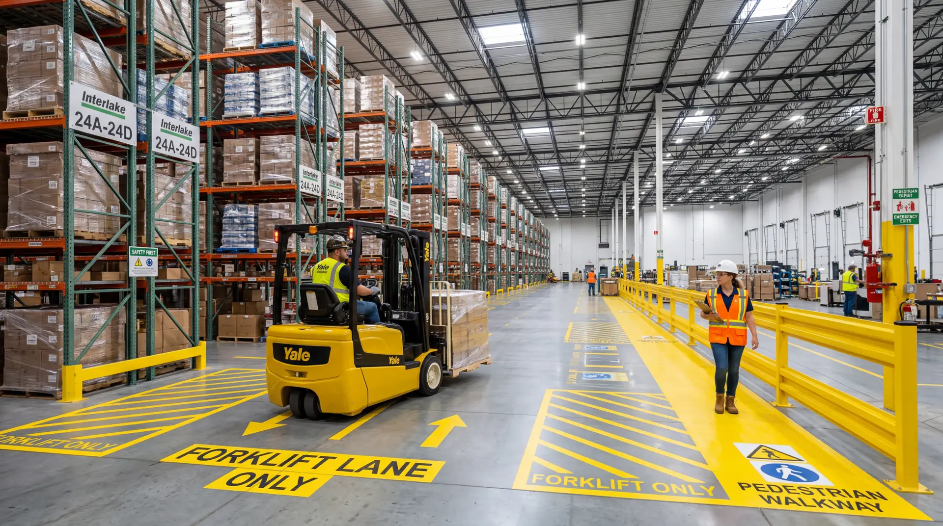 forklift and pedestrian walkway separation in warehouse to reduce workplace injuries in warehouses