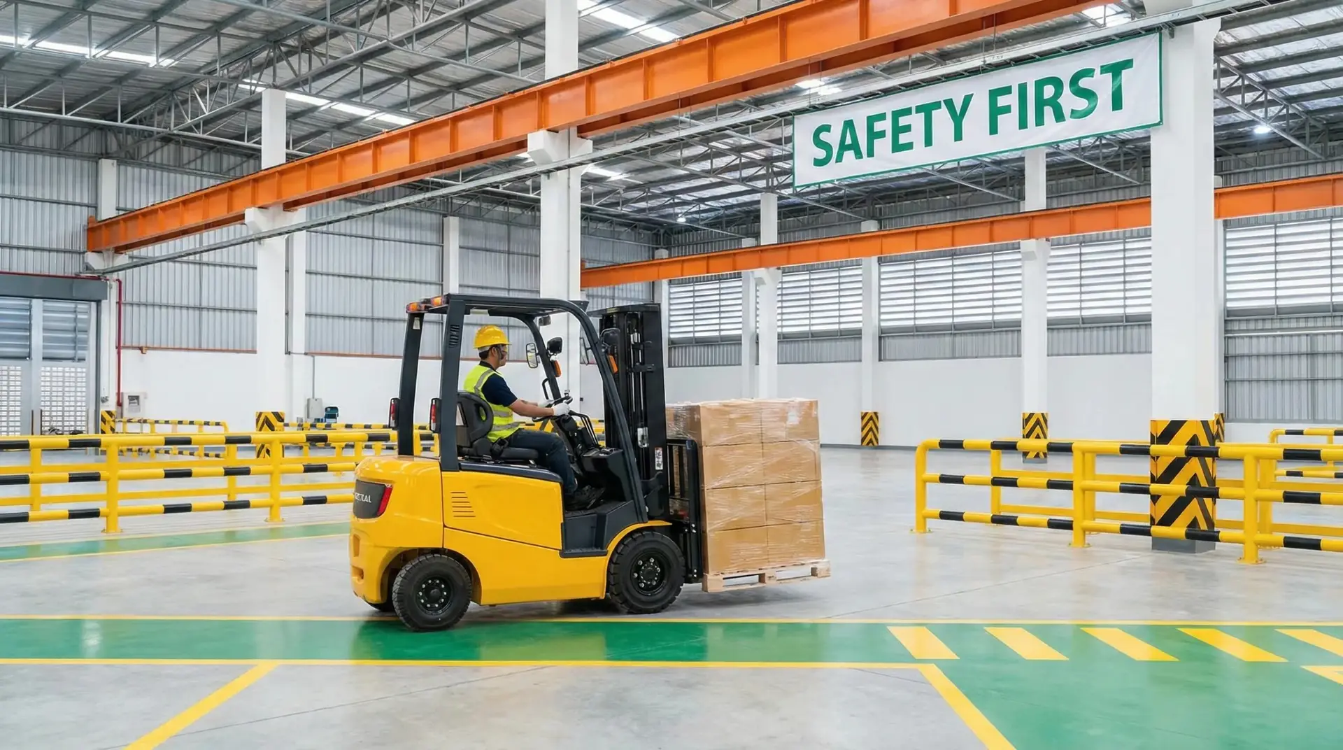forklift safety in warehouse with marked traffic lanes and operator moving pallet load
