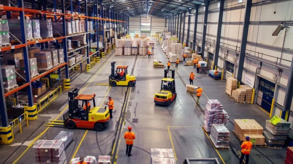 Forklift Operating In Warehouse With Workers And Pallet Movement For Safety Operations